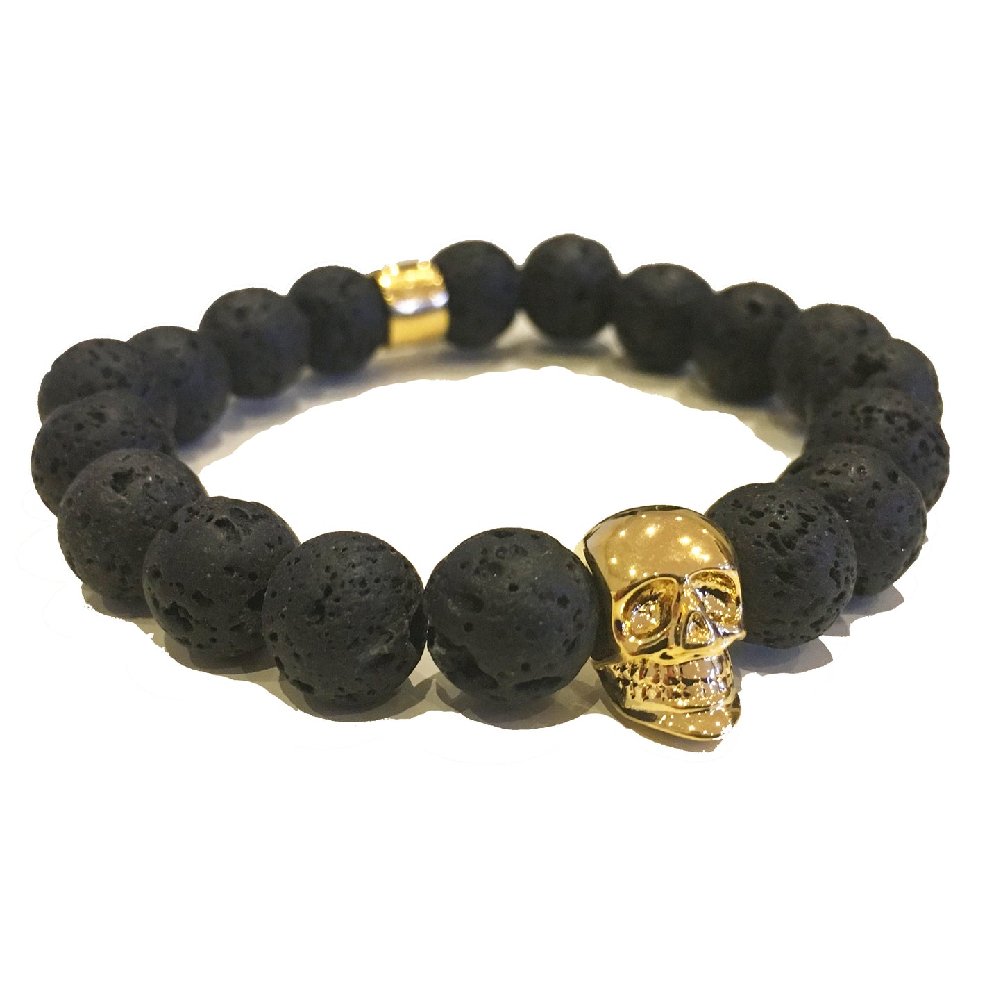 The Kranion Black Lava Beaded Skull Bracelet - Gold